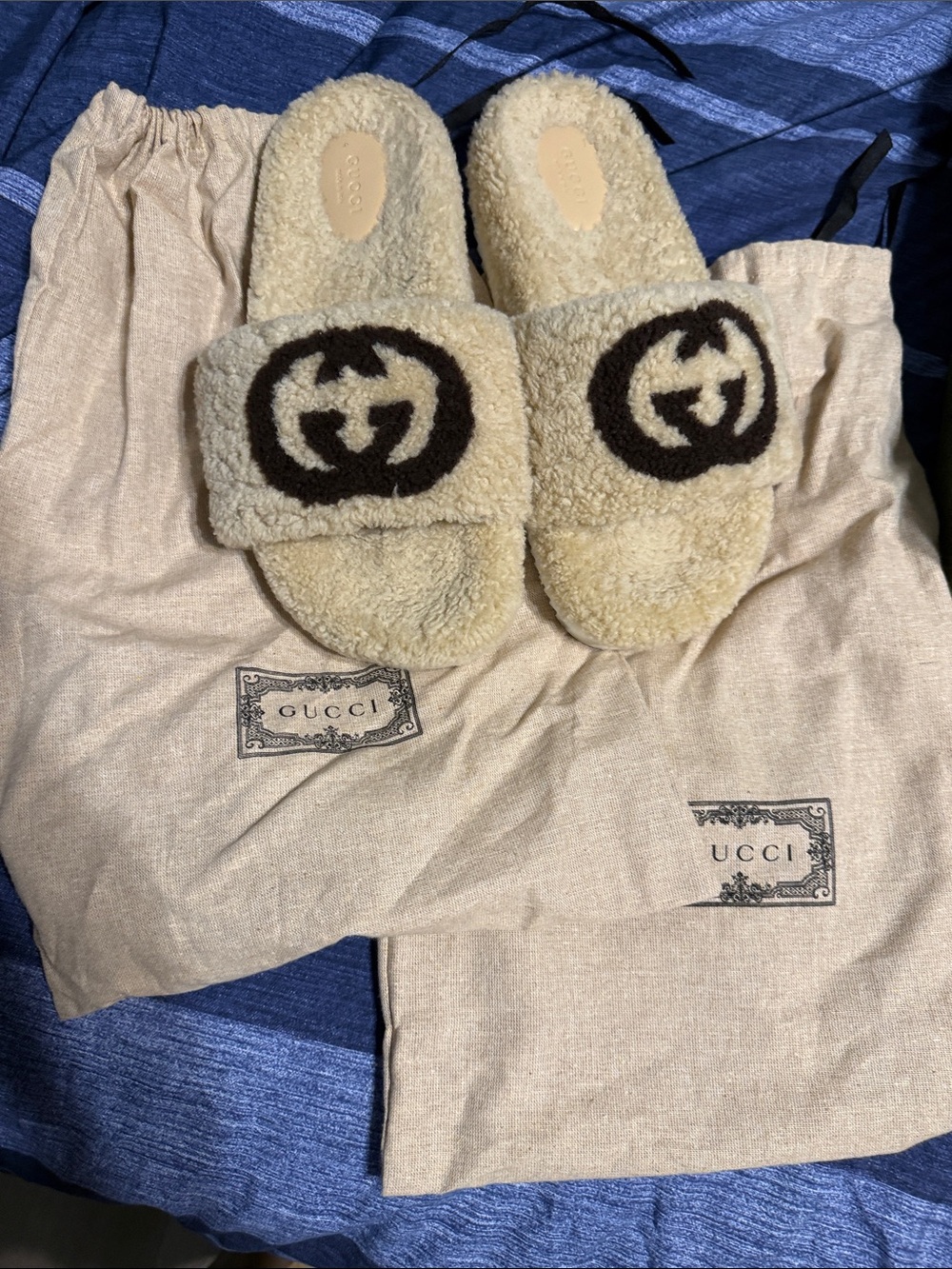 Gucci Cream Shearling Slides with Dark Brown Logo